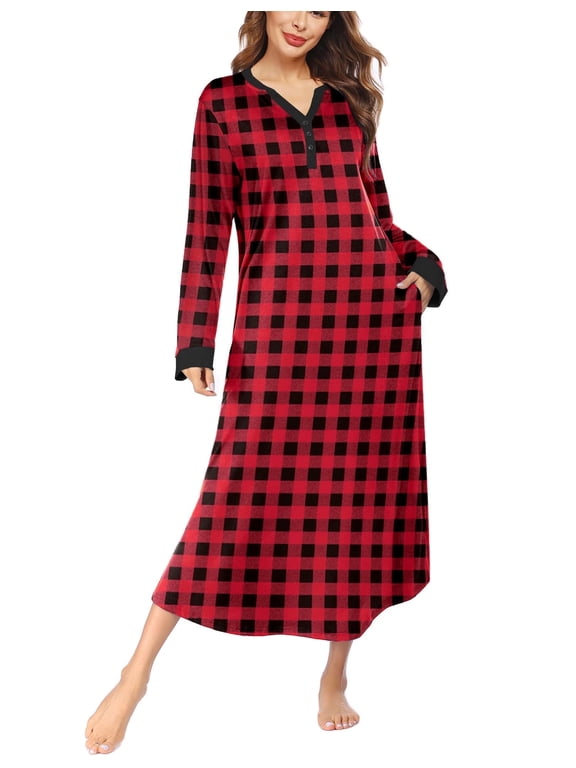 Women Long Nightgown V Nek Nightshirt Sleepwear Full Length Sleepshirt with Pockets Long Sleeve Sleep Dress