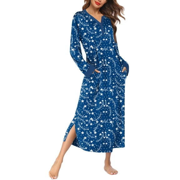 Avidlove Women Long Nightgown V Nek Nightshirt Sleepwear Full Length Sleepshirt with Pockets Long Sleeve Sleep Dress