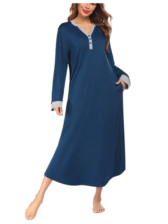 Women Long Nightgown V Nek Nightshirt Sleepwear Full Length Sleepshirt with Pockets Long Sleeve Sleep Dress
