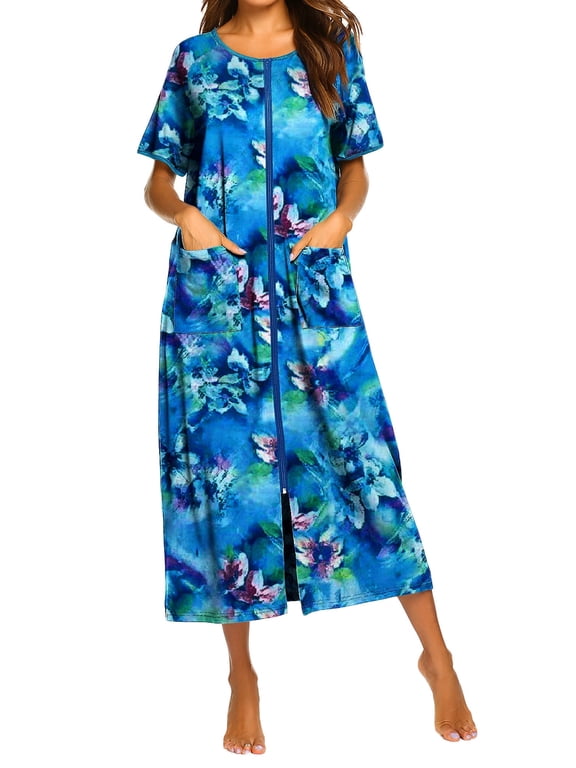 Women Long Zipper Front Robes Full Length Housecoat Short Sleeve Bathrobes with Pocket Loungewear