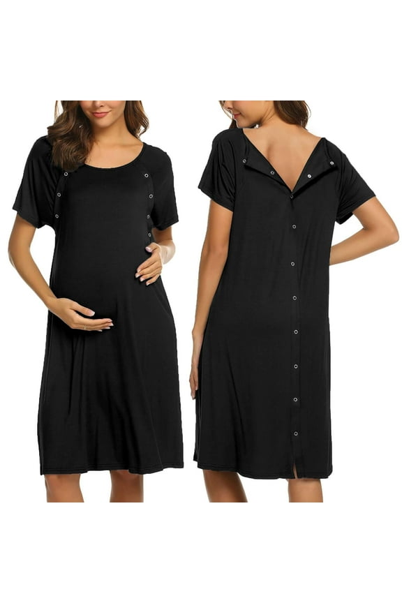 Women Maternity Nursing Nightgown with Button Short Sleeve Nursing Dress for Breastfeeding Labor and Delivery Gown for Hospital S-XXL