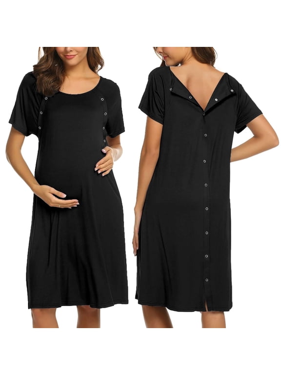 Women Maternity Nursing Nightgown with Button Short Sleeve Nursing Dress for Breastfeeding Labor and Delivery Gown for Hospital S-XXL