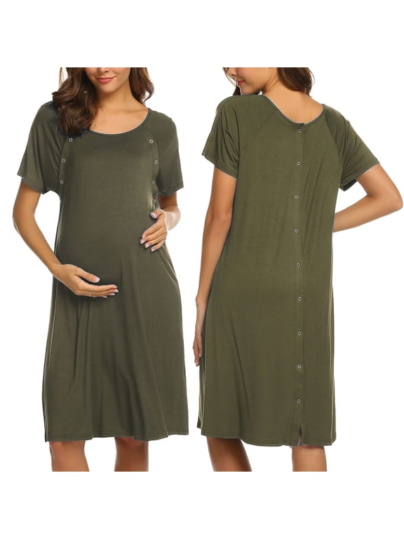 Women Maternity Nursing Nightgown with Button Short Sleeve Nursing Dress for Breastfeeding Labor and Delivery Gown for Hospital S-XXL