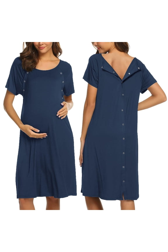 Women Maternity Nursing Nightgown with Button Short Sleeve Nursing Dress for Breastfeeding Labor and Delivery Gown for Hospital S-XXL