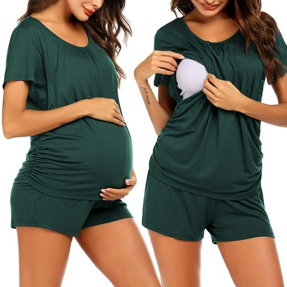 Avidlove Women Maternity Nursing Pajama Set Breastfeeding Sleepwear Set Double Layer Short Sleeve Top and Shorts Set Pregnancy Pjs Set