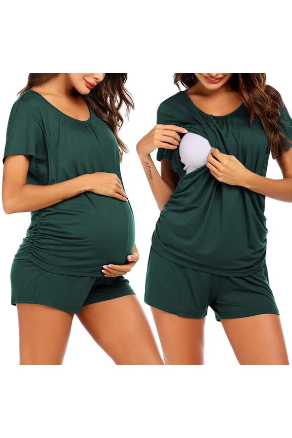 Women Maternity Nursing Pajama Set Breastfeeding Sleepwear Set Double Layer Short Sleeve Top and Shorts Set Pregnancy Pjs Set