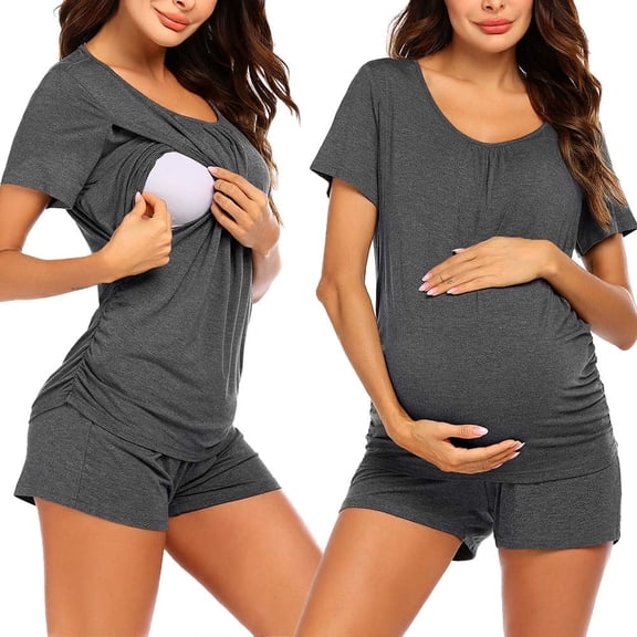 Avidlove Women Maternity Nursing Pajama Set Breastfeeding Sleepwear Set Double Layer Short Sleeve Top and Shorts Set Pregnancy Pjs Set