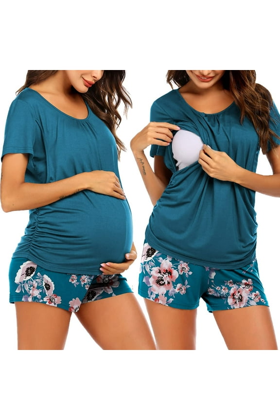 Women Maternity Nursing Pajama Set Breastfeeding Sleepwear Set Double Layer Short Sleeve Top and Shorts Set Pregnancy Pjs Set