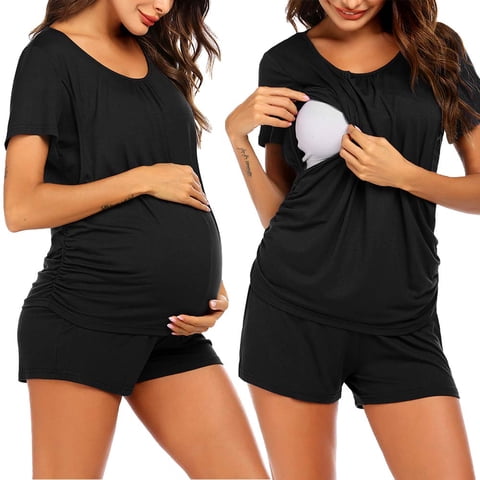 Women Maternity Nursing Pajama Set Breastfeeding Sleepwear Set Double Layer Short Sleeve Top and Shorts Set Pregnancy Pjs Set