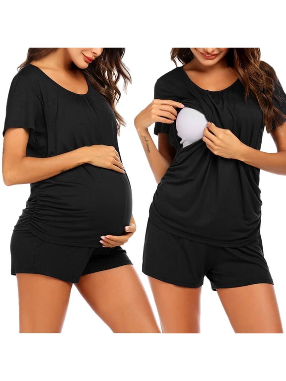Women Maternity Nursing Pajama Set Breastfeeding Sleepwear Set Double Layer Short Sleeve Top and Shorts Set Pregnancy Pjs Set