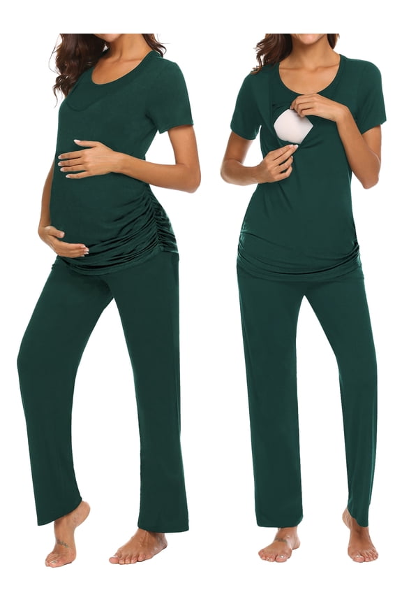 Women Maternity Nursing Pajama Set Breastfeeding Sleepwear Short Sleeve Top and Long Pants Postpartum Pjs
