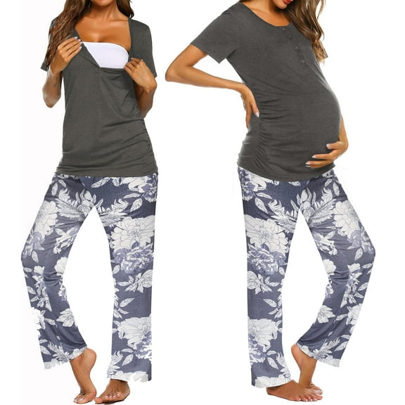 Avidlove Women Maternity Nursing Pajamas Sets Breastfeeding Floral Sleepwear Short Sleeve Henley Tops and Long Pj Pants Pregnancy Nightwear