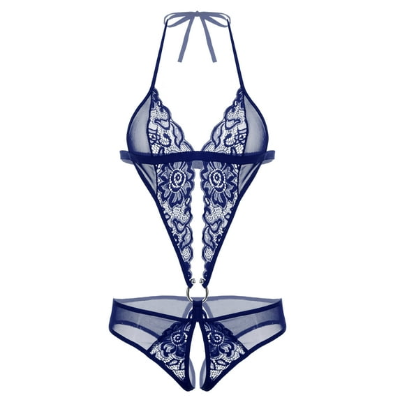 Avidlove Women Mini Lingerie Halter Bodysuit One Piece Lace Underwear Navy Blue XXL