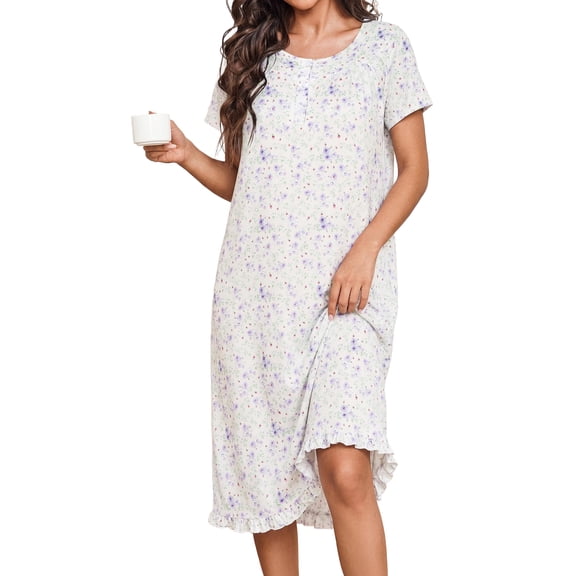 Avidlove Plus Size Nightgowns with Pockets for Women Button Front Henley NeckHouse Dresses Ruffle Hem Nightdress Sleepwear Short Sleeve Pajamas Dress