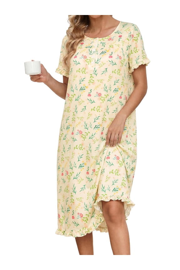 Plus Size Nightgowns with Pockets for Women Button Front Henley NeckHouse Dresses Ruffle Hem Nightdress Sleepwear Short Sleeve Pajamas Dress