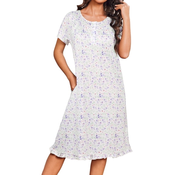 Avidlove Women Nightgowns Floral Henley House Dresses Short Sleeve Nighty Ruffle Hem Nightdress Sleepwear with Pockets