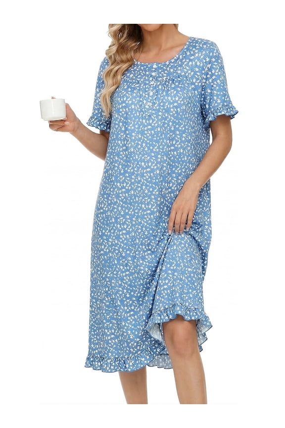 Women Nightgowns with Pockets Button Front Henley NeckHouse Dresses Ruffle Hem Nightdress Sleepwear Short Sleeve Pajamas Dress