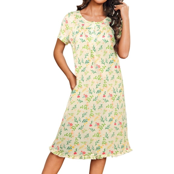 Avidlove Women Nightgowns Floral Henley House Dresses Short Sleeve Nighty Ruffle Hem Nightdress Sleepwear with Pockets