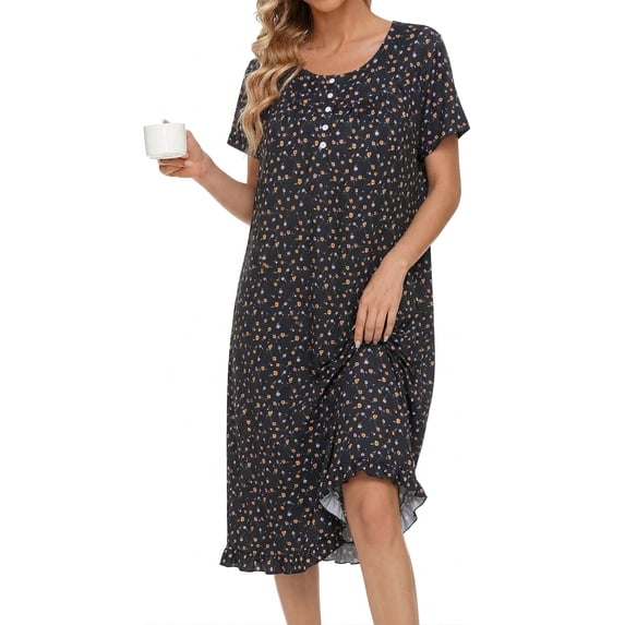 Avidlove Women Nightgowns with Pockets Button Front Henley NeckHouse Dresses Ruffle Hem Nightdress Sleepwear Short Sleeve Pajamas Dress