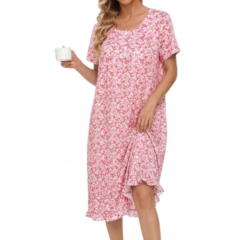 Women Nightgowns with Pockets Button Front Henley NeckHouse Dresses Ruffle Hem Nightdress Sleepwear Short Sleeve Pajamas Dress