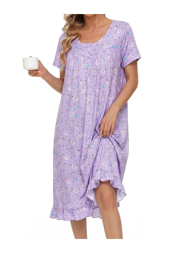 Women Nightgowns Floral Henley House Dresses Short Sleeve Nighty Ruffle Hem Nightdress Sleepwear with Pockets