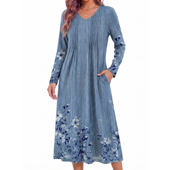 KISSGAL Women Nightgowns Long Sleeve Sleepshirts Pleated Long Nightdress V Neck Curved Hem Night Gown Sleepwear with Pockets