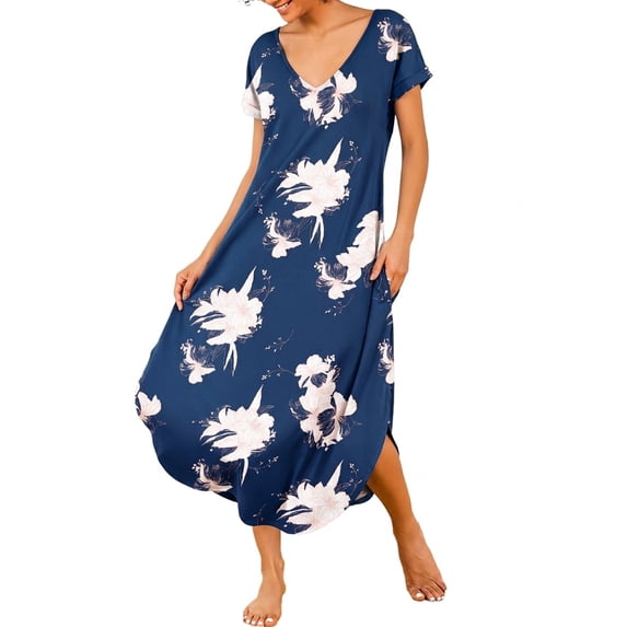 Avidlove Women Nightgowns Side Split Long Nightshirts Short Sleeve Soft Sleepwear V Neck Nightdress with Pockets