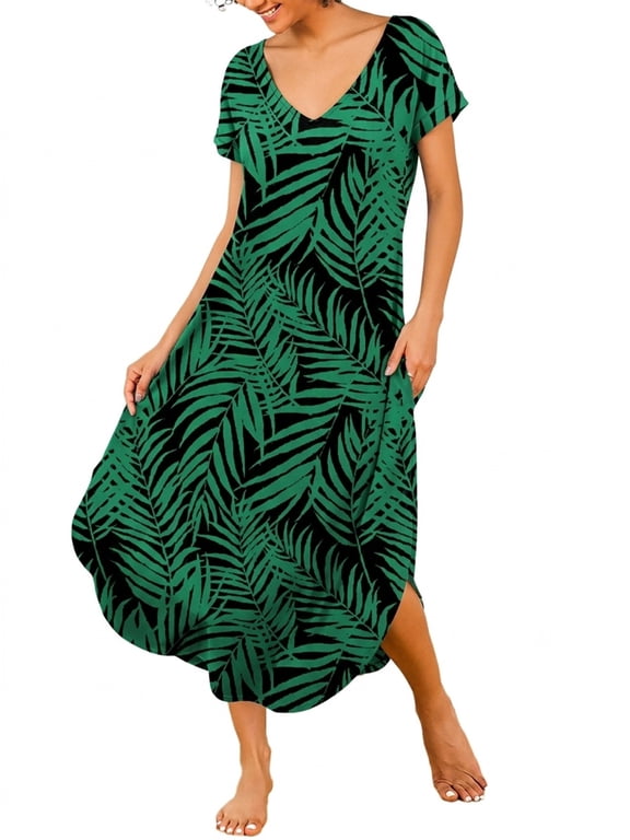 Women Nightgowns Side Split Long Nightshirts Short Sleeve Soft Sleepwear V Neck Nightdress with Pockets