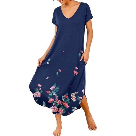 Avidlove Women Nightgowns Side Split Long Nightshirts Short Sleeve Soft Sleepwear V Neck Nightdress with Pockets