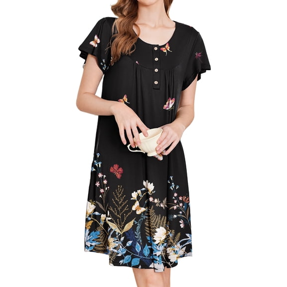 Avidlove Women Nightgows Short Sleeve House Dress Floral Print Sleepshirt with Pocket Sleepwear