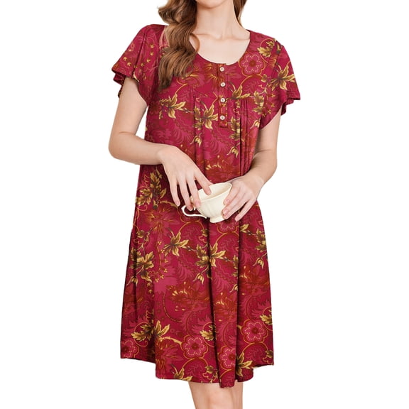 Avidlove Women Nightgows Short Sleeve House Dress Floral Print Sleepshirt with Pocket Sleepwear