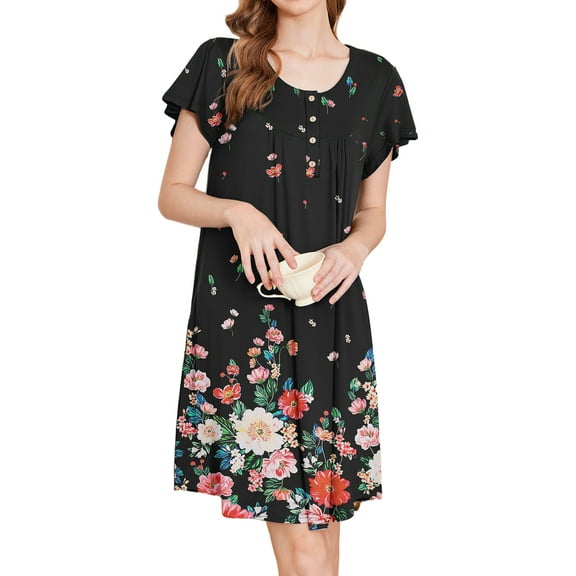 Avidlove Women Nightgows Short Sleeve House Dress Floral Print Sleepshirt with Pocket Sleepwear