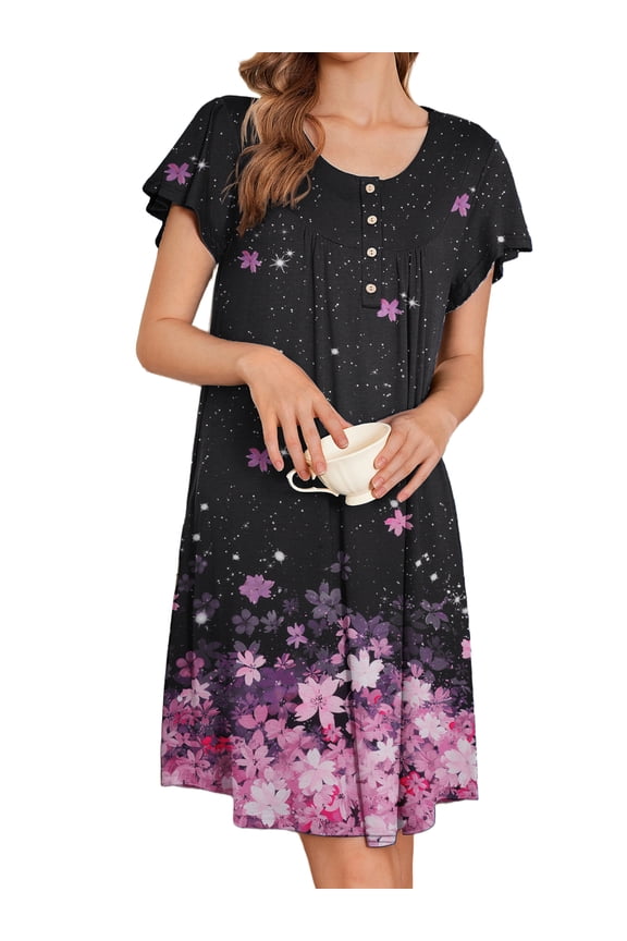Women Nightgows Short Sleeve House Dress Floral Print Sleepshirt with Pocket Sleepwear