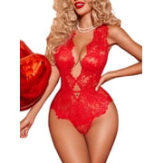 Avidlove Women One Piece Lingerie Lace Bodysuit Deep V Underwear L 1-Red