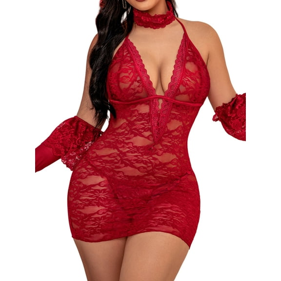 Avidlove Women One Piece Lingerie Set Lace Chemise Halter Nightwear Sexy Bodycon Dress