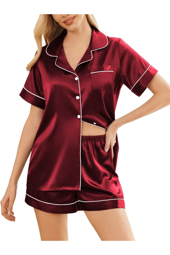 Women Pajama Set Silky Satin Button Down Shirt with Pjs Shorts Comfy Lounge Set Sleepwear