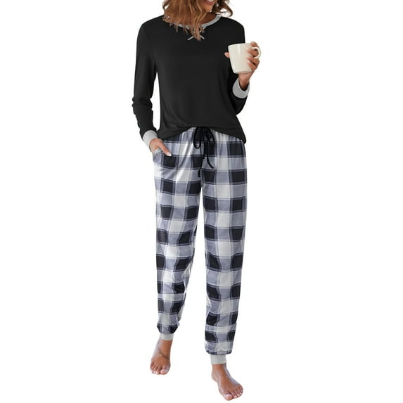Avidlove Women Pajama Sets Comfy Long Sleeve Pjs Pullover with Plaid Jogger Pants Lounge Sets Crew Neck Soft Sleepwear