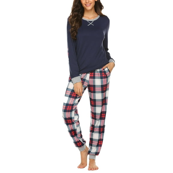 Avidlove Women Pajama Sets with Pocket Comfy Long Sleeve Pajama with Plaid Jogger Pants Lounge Sets Crew Neck Soft Christmas Sleepwear