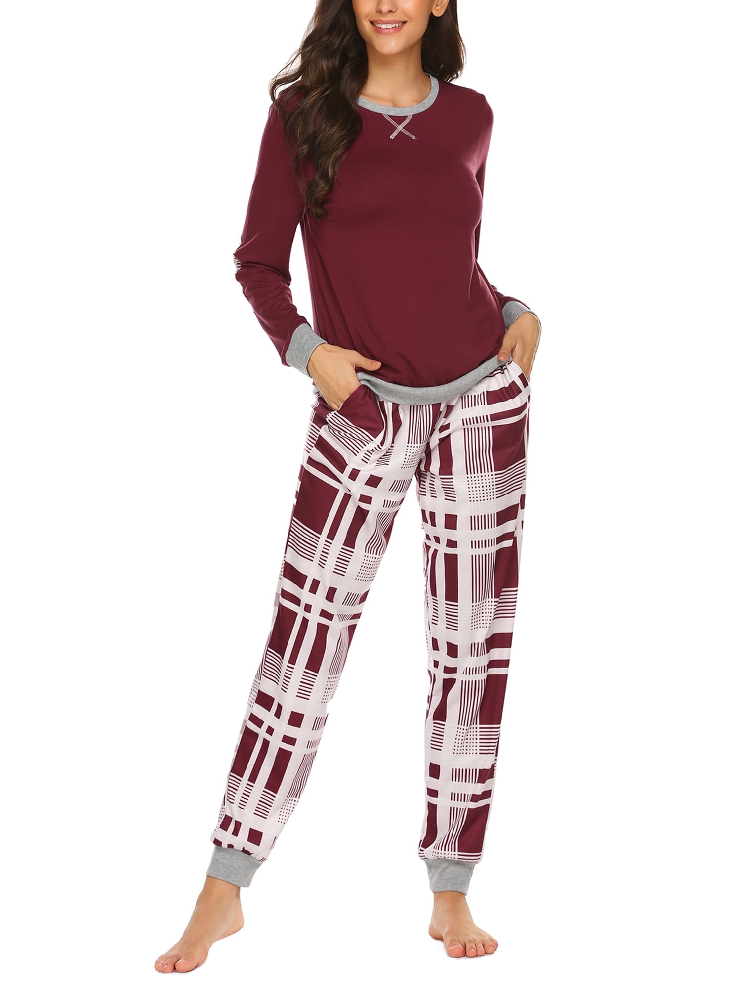 KISSGAL Women Pajama Sets with Pocket Comfy Long Sleeve Pajama with Plaid Jogger Pants Lounge Sets Crew Neck Soft Christmas Sleepwear