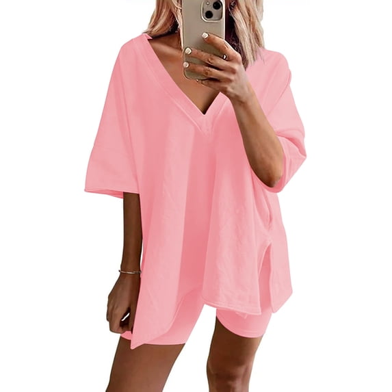 Avidlove Women Pajamas Set Oversized 2 Piece Lounge Sets Deep V Neck T-Shirts Tops with Biker Shorts Set Side Slit Workout Tracksuit S-XXL