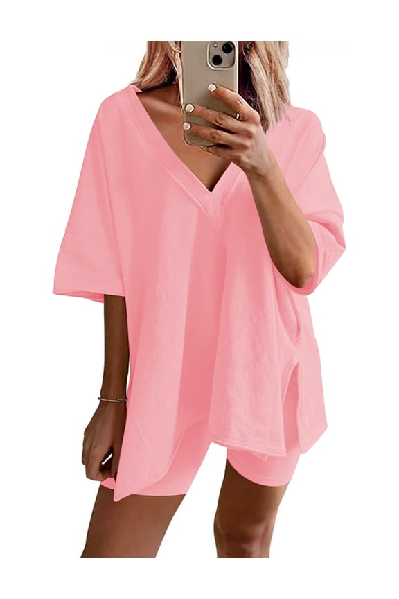 Women Pajamas Set Oversized 2 Piece Lounge Sets Deep V Neck T-Shirts Tops with Biker Shorts Set Side Slit Workout Tracksuit S-XXL