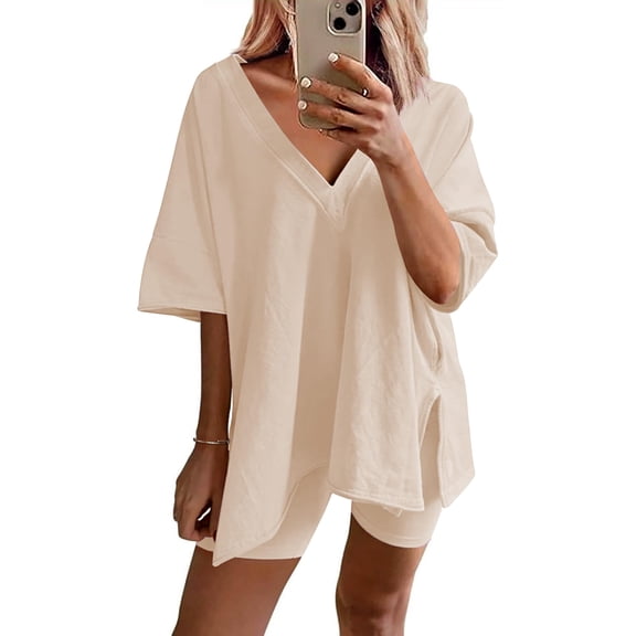 Avidlove Women Pajamas Set Oversized 2 Piece Lounge Sets Deep V Neck T-Shirts Tops with Biker Shorts Set Side Slit Workout Tracksuit S-XXL