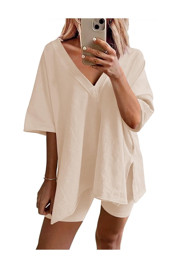 Women Pajamas Set Oversized 2 Piece Lounge Sets Deep V Neck T-Shirts Tops with Biker Shorts Set Side Slit Workout Tracksuit S-XXL