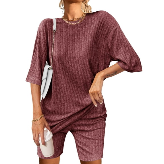 Avidlove Women Pajamas Set Ribbed Knit Lounge Sets T-shirt with Biker Shorts Matching Outfits Loungewear Sweatsuits