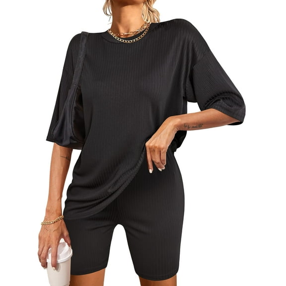 Avidlove Women Pajamas Set Ribbed Knit Lounge Sets T-shirt with Biker Shorts Matching Outfits Loungewear Sweatsuits