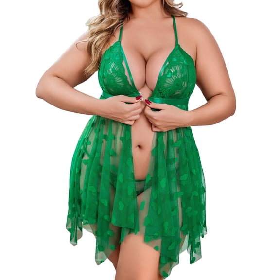 Avidlove Women Plus Size Lingerie Front Open Nighty Lace Chemise Sleepwear Deep V Mesh Nightdress