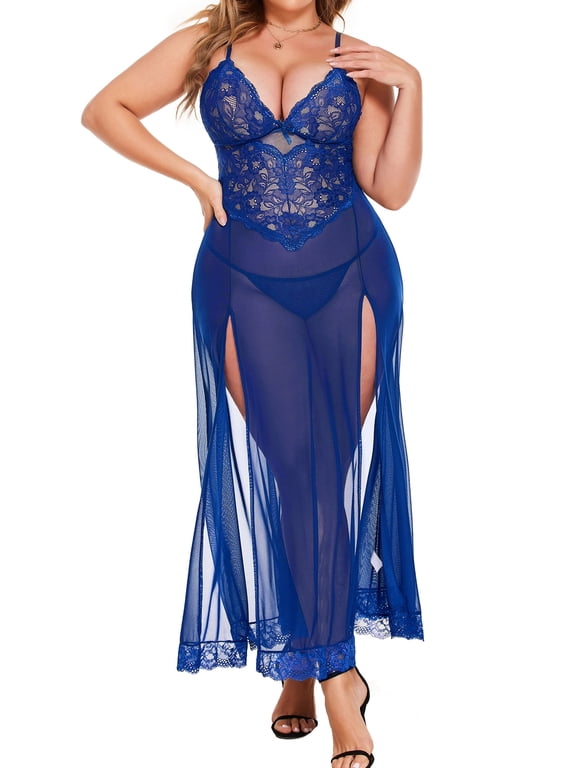 Women Plus Size Lingerie Long Lace Nighty Sexy Mesh Nightdress Side Split Nightgown Sleepwear