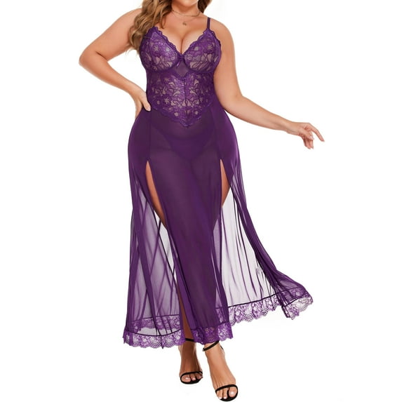 Avidlove Women Plus Size Lingerie Long Lace Nighty Sexy Mesh Nightdress Side Split Nightgown Sleepwear