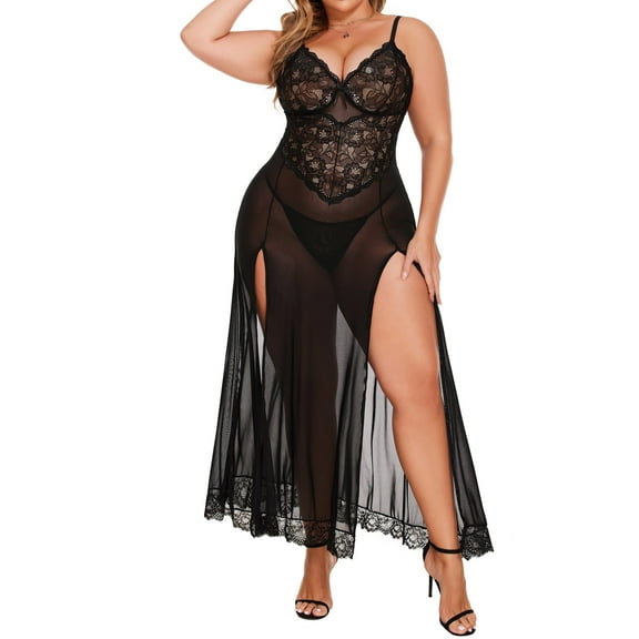 Avidlove Women Plus Size Lingerie Long Lace Nighty Sexy Mesh Nightdress Side Split Nightgown Sleepwear