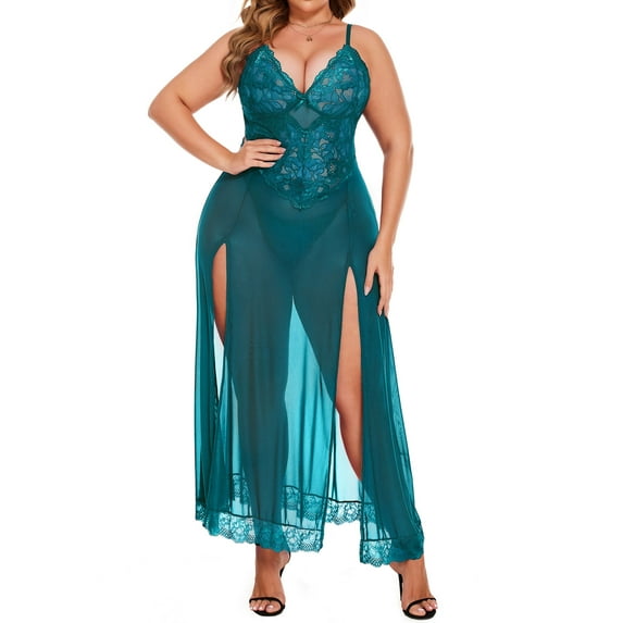 Avidlove Women Plus Size Lingerie Long Lace Nighty Sexy Mesh Nightdress Side Split Nightgown Sleepwear
